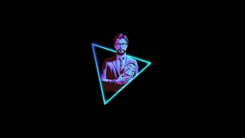 4K, mask, wallpapper, el profesor, triangle, blue, light pink, black, light purple, neon