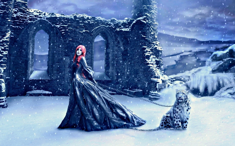 fantasy art, artwork, snow, dress, leopard, ruin, young adult, celebration, redhead, fashion, winter, one person, beauty in nature, ruins, 1080P, outdoors