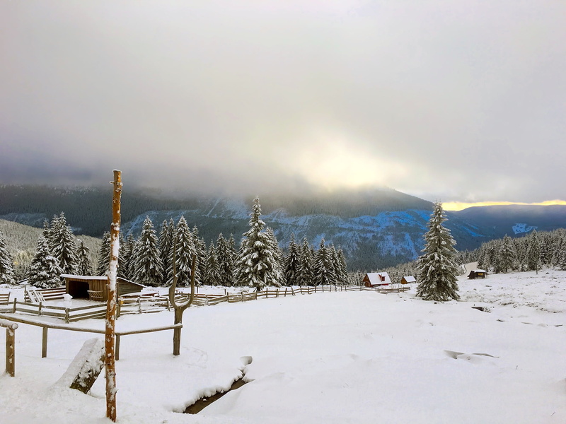 wooden, landscape, covered, woods, czech republic, snow, near, country, sunrise, land, cold, ski resort, house, scenics, countryside, brown, farm, mountains