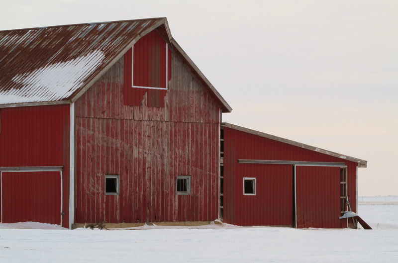 snow, architecture, sky, cold temperature, agricultural building, alley, building, land, built structure, barn, countryside, red, covering, town, shelter