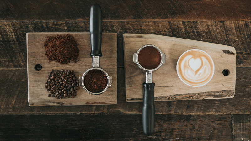 wooden surface, 4K, latte, coffee beans, ground coffee beans, wood, latte art, texture, coffee