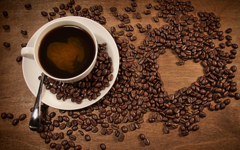 placed, Pattern, shaped, Beans, brown, 2K, Coffee, Cup, Heart