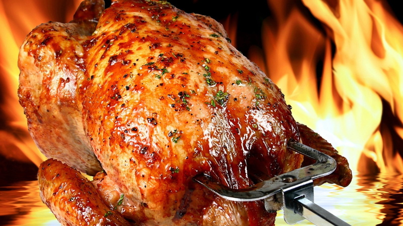 asado, fuego, pavo, comida, 2K