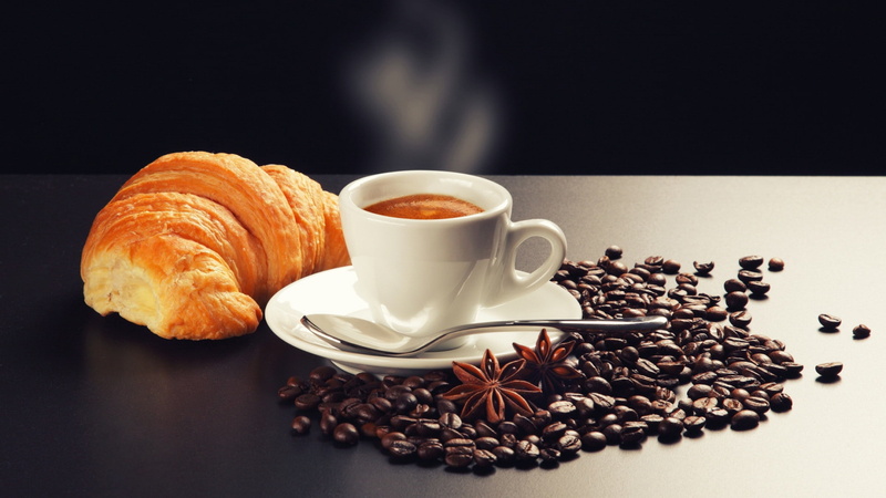coffee backgrounds, croissant, smoke, grain, saucer, 1080P, cappuccino, spoon, cinnamon, star anise, Table, foam