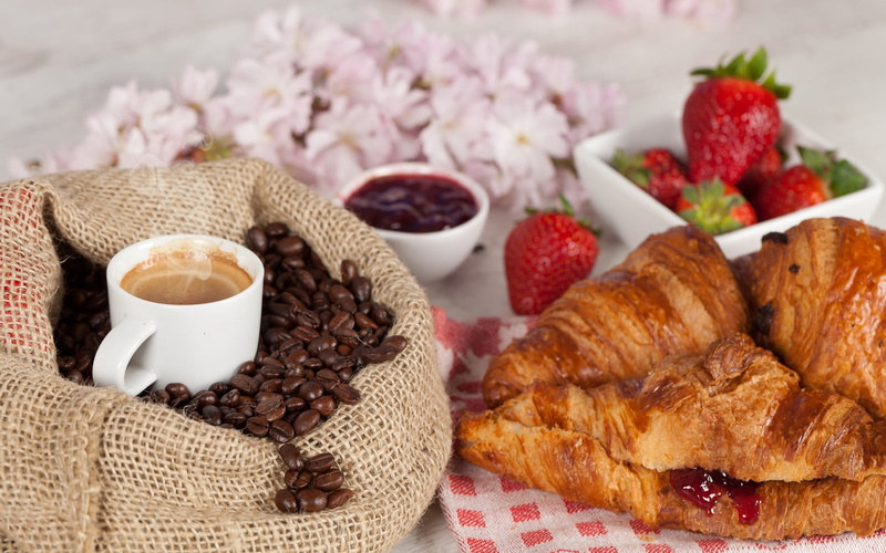 close-up, bread, fried, strawberries, beside, cafe, snack, 720P, freshness, drink, espresso, no people, still life, food, heat - Temperature, jam, plate