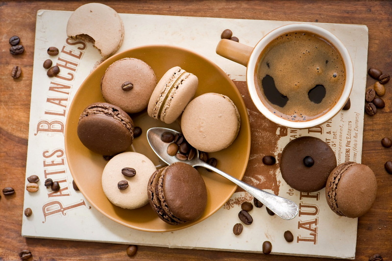 still life, Cup, directly above, spoon, macarons, sweets, round, close-up, dessert, 1080P, cookies, sweet food, grain, variation, high angle view, indoors