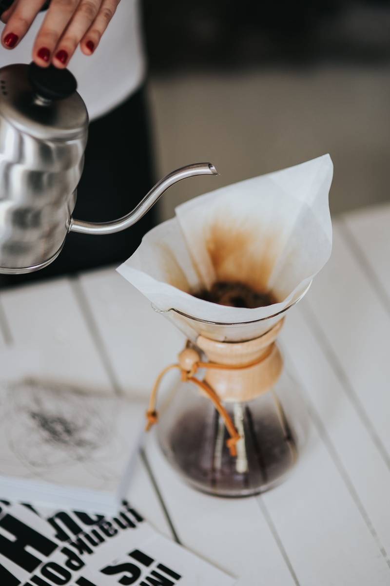 real people, human body part, kitchen utensil, water, filter, Chemex, preparation, indoors, pouring, filter coffee, 4K, drink, kitchen, cafe, making, hand