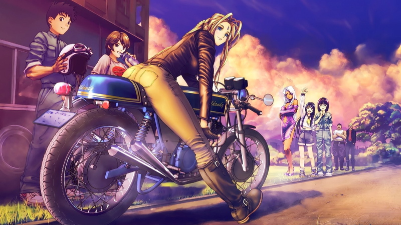 city, motorcycle, women with motorcycles, outdoors, road, short hair, anime girls, mode of transportation, 1080P, real people, blue eyes, looking at viewer