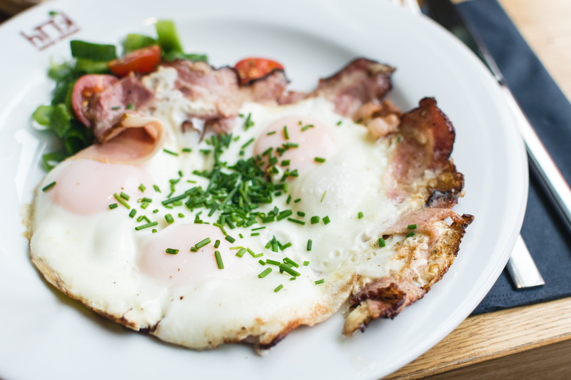 high angle view, breakfast, herb, still life, healthy Eating, bacon, lunch, close up, wellbeing, food, indulgence, gourmet, vegetable, sunny side up, food And Drink