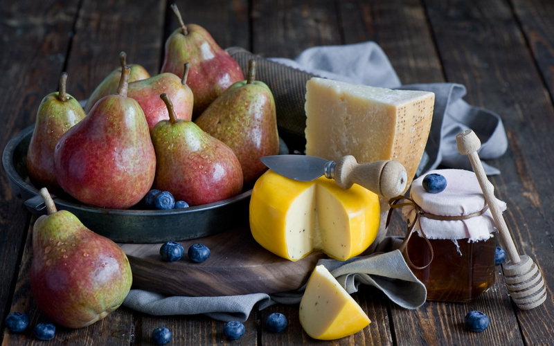 1080P, no people, still life, choice, black, lunch, large group of objects, honey, blueberries, yellow, table, plastic, variation, pears, table knife