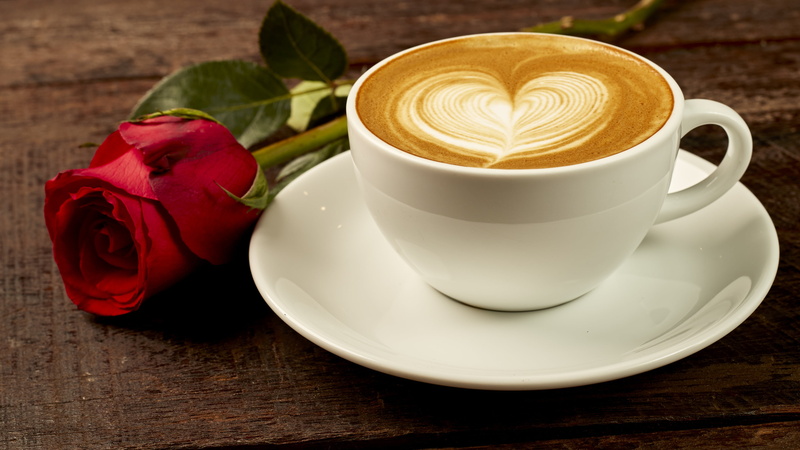 roses, rose, romantic, 4K, red, coffee, Bud, heart, love, red rose, cappuccino, Cup, wood