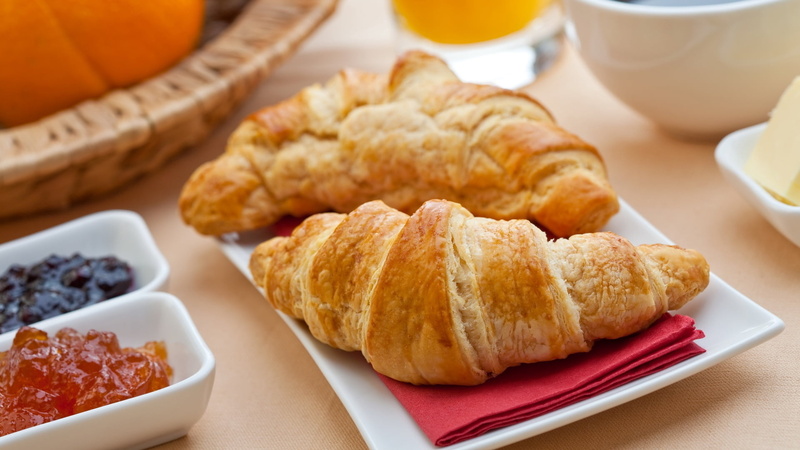 crockery, preserves, ready-to-eat, 1080P, food, breakfast, french food, orange Juice, butter, food And Drink, bakery, juice, croissant, dairy product