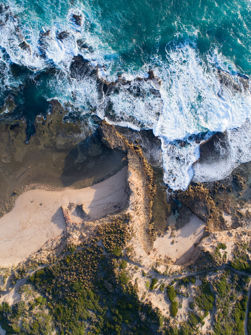 aerial, tranquility, beach, geology, drone, crashing, sea, dune, sand, non-urban scene, no people, rock formation, waves, from above, view, rocks, shore
