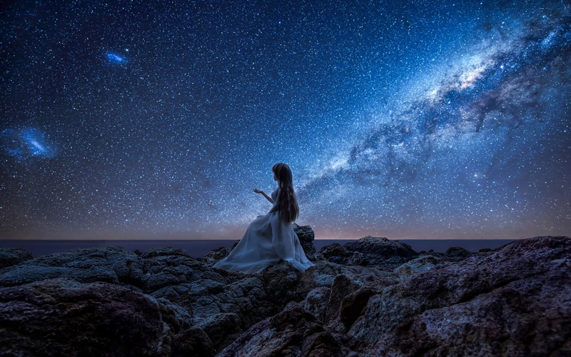 720P, hairstyle, astronomy, sitting, rock, anime, women, horizon over water, fashion, young adult, photography, land, space, milky way, astrology, sky