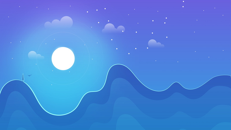 night, landscape, graphics, 8k uhd, minimal art, blue, moonlight, 8K, moon, stars, minimal
