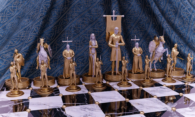 black and white, chess, 1080P, reflection, gold pieces, curtain, marble