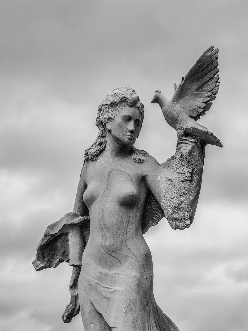 representation, female likeness, Sculpture, religion, human representation, creativity, low angle view, close-up, angel, 4K, cloud - sky, open air museum