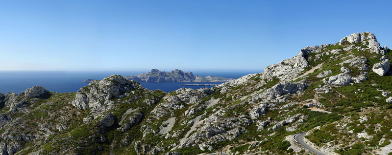 Europe, France, sea, outdoors, 8K, rock - object, day, beauty in nature, mountain, mountain range, environment, sormiou, grass, clear sky, sky, mountain peak