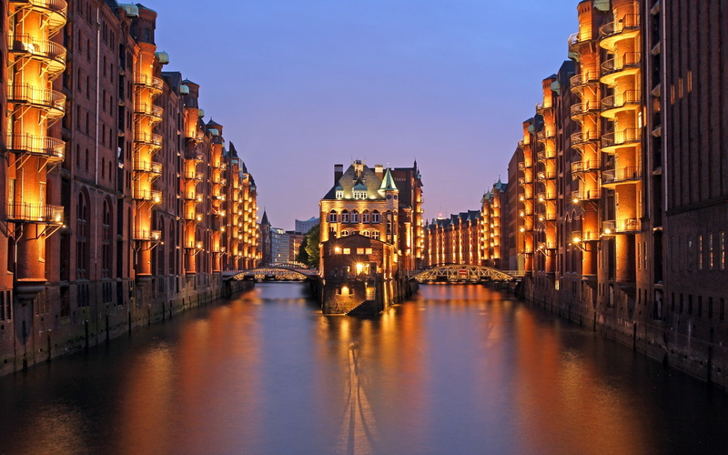residential district, 1080P, Germany, Speicherstadt, waterfront, cityscape, brown, reflection, travel destinations, water, building exterior, dusk, lights