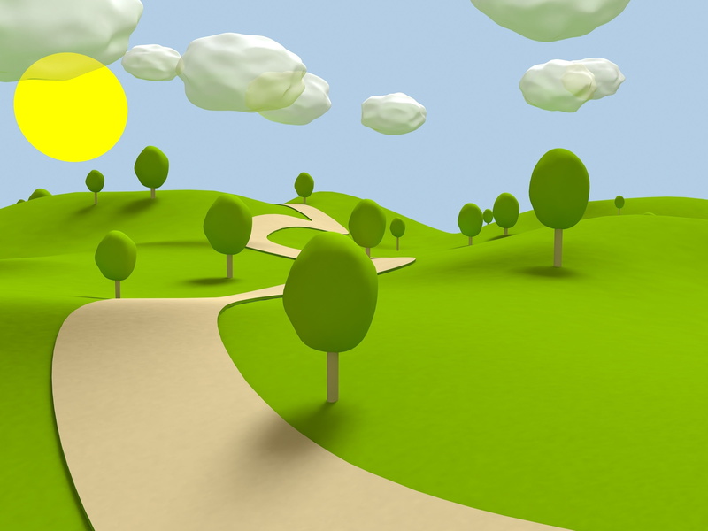 clouds, path, digital, the sun, obloka, animated, 2K, road, grass, dirt, trees, white, green