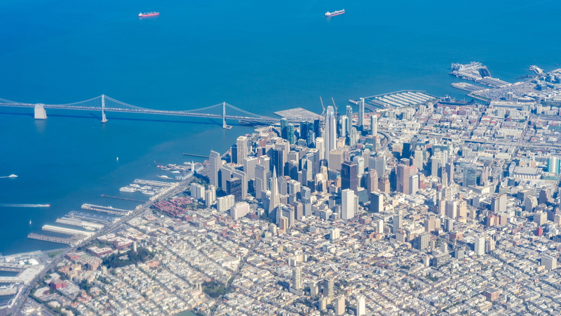 architecture, from above, no people, bridge, outdoors, sky, high angle view, transportation, 5K, flyover, california, modern, skyscraper, day, blue, usa