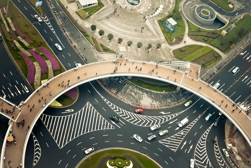 flyover, outdoors, high angle view, road, no people, transportation, architecture, 4K, built structure, building exterior, multiple lane highway, connection