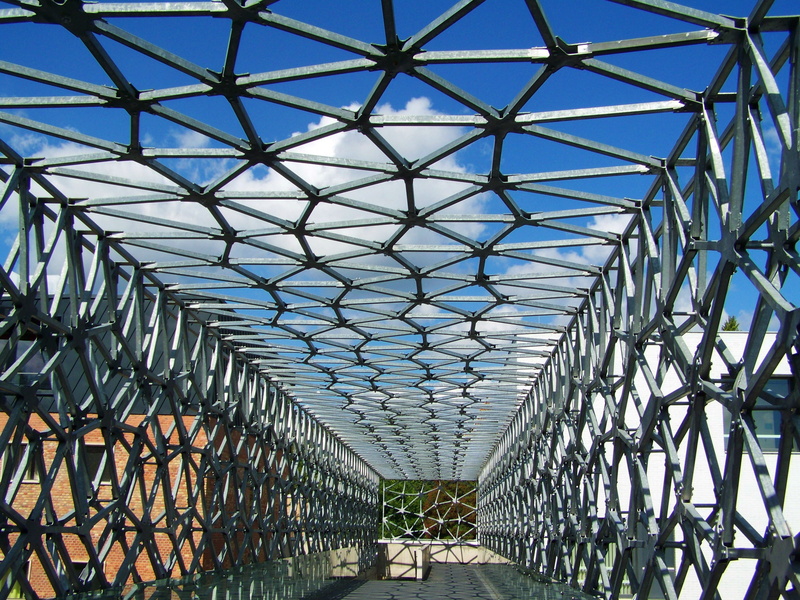 footbridge, indoors, no people, built structure, metal construction, ceiling, low angle view, day, the way forward, pecs, clear sky, nature, architecture