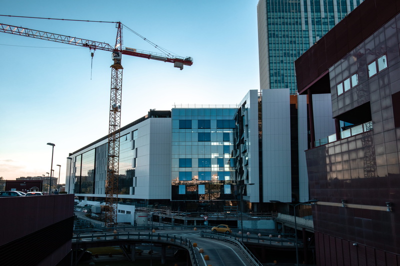 construction site, steel, sunset, building exterior, building, crane - construction machinery, development, technology, nature, glass windows, reflection
