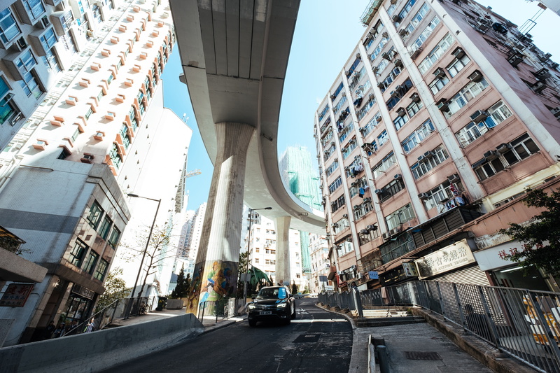 architectural, nature, curve, architecture, car, city, 5K, buildings, land vehicle, china, sunny sky, street, blue sky, hong kong, sky, apartment building