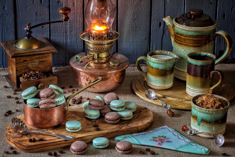 pasta, style, still life, 5K, cookies, mug, lamp, sugar, kettle, coffee grinder