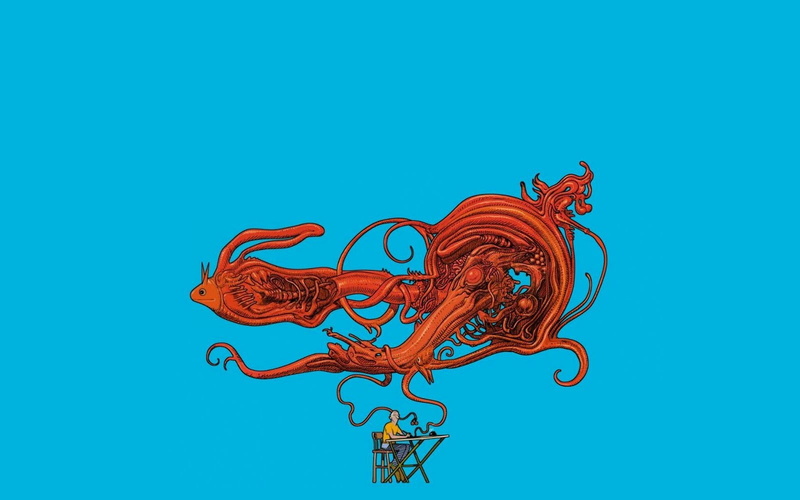 720P, copy space, blue background, black, red, water, blue, octopus, art and craft, representation, low angle view, creativity, Mœbius, nature, studio shot