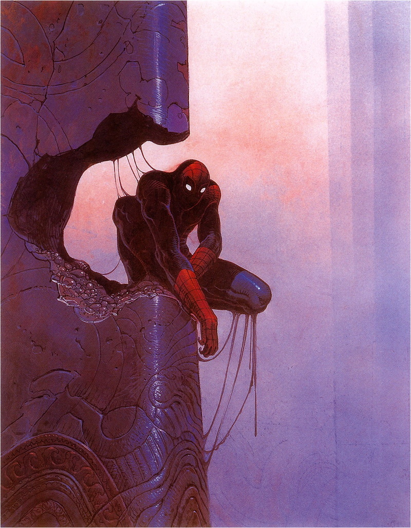 portrait, purple, one animal, Spider-Man, indoors, women, one person, hair, man, Mœbius, digital composite, butterfly - insect, invertebrate