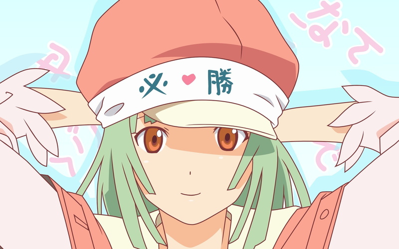anime girls, flag, creativity, art and craft, outdoors, communication, eyeglasses, portrait, representation, green hair, text, people, 1080P, day, Monogatari Series