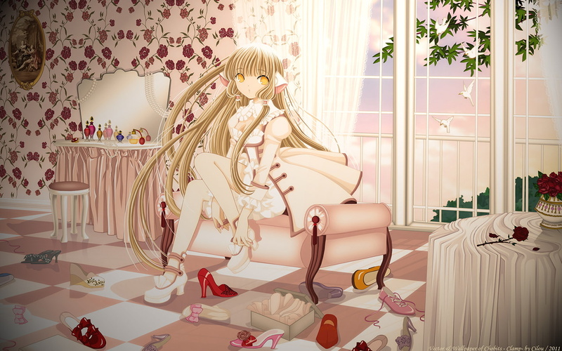 Chii, furniture, sitting, human representation, Chobits, CLAMP, window, 720P, indoors, pattern, fashion, seat, representation, white color