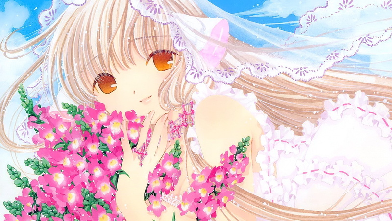 flowering plant, looking at viewer, sea, Chobits, Chii, anime girls, art and craft, blonde, water, no people, smiling, animal, creativity, freshness, floral pattern