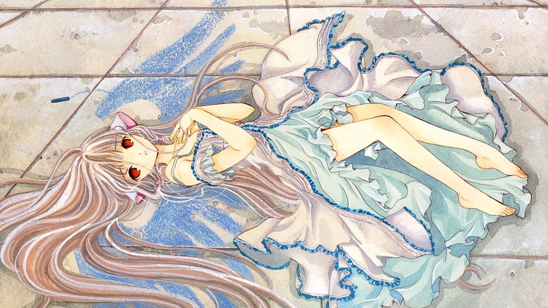 no people, art and craft, red eyes, day, blonde, anime, close-up, high angle view, creativity, outdoors, looking at viewer, Chobits, pattern, long hair