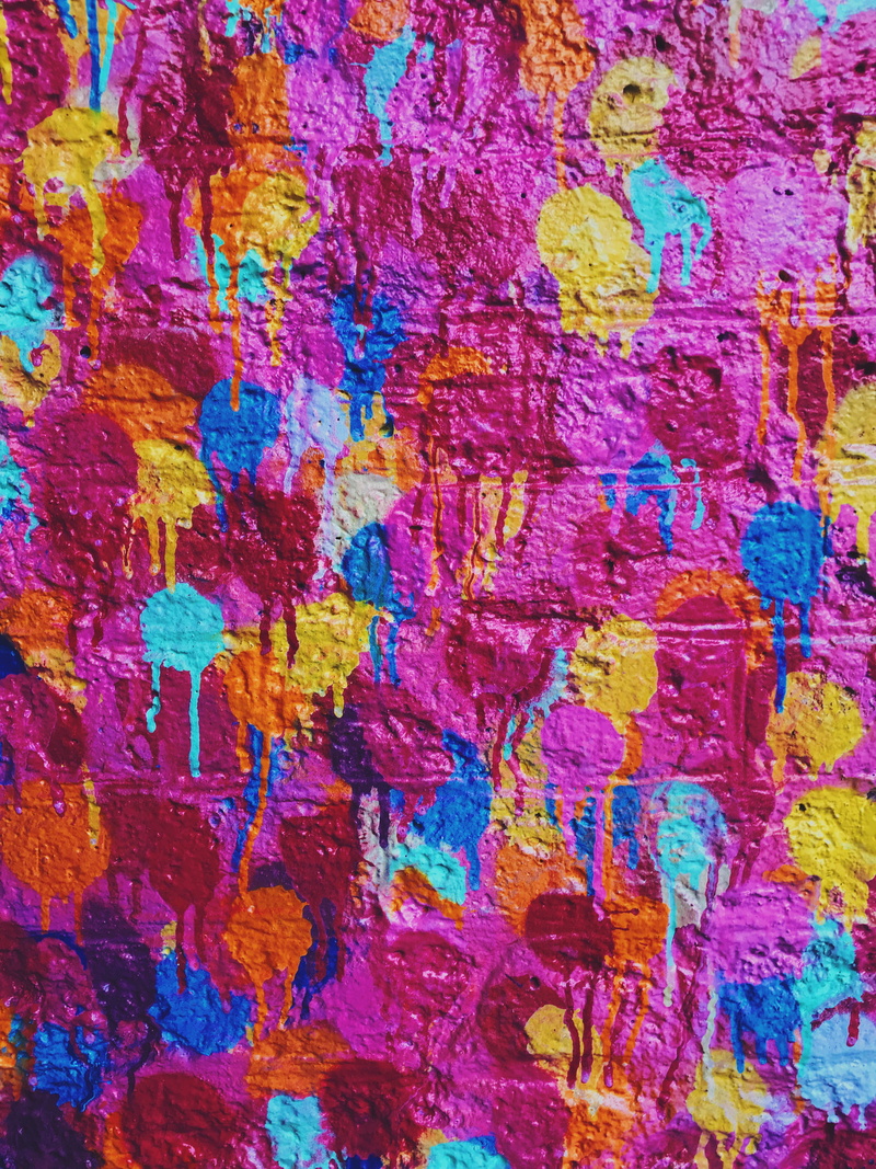 yellow, craft, close-up, art and craft, painted, street, creativity, blue, graffiti, wall - building feature, painting, 4K, purple, pink, spray paint