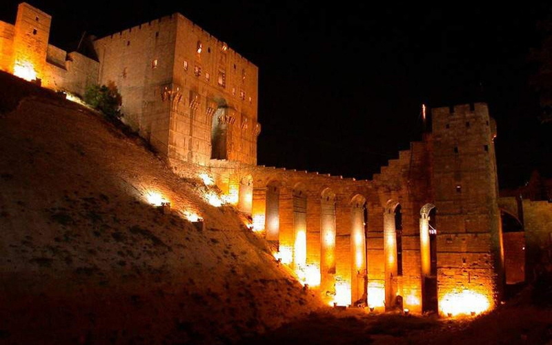1080P, buildings, castle, man made, night, stones, light, syria