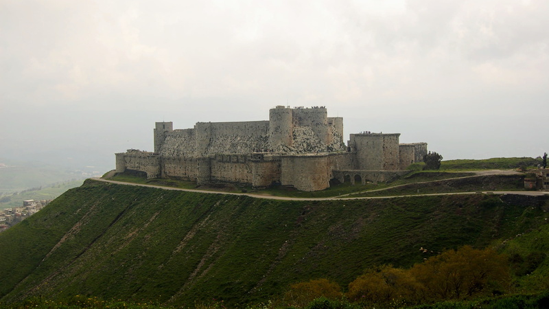 tree, sky, hosn, krak des chevaliers, hill, building exterior, ruined, the past, built structure, tourism, old ruin, history, growth, syria, castle, fort