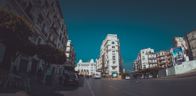 transportation, clear sky, mode of transportation, outdoors, street, sky, street photograph, lightroom, blue, building, no people, car, nature, skyscraper