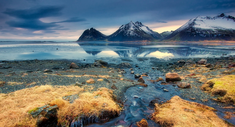Iceland, nature, mountain peak, outdoors, no people, landscape, cloud - sky, 1080P, winter, tranquil scene, water, blue, black, tranquility, mountain