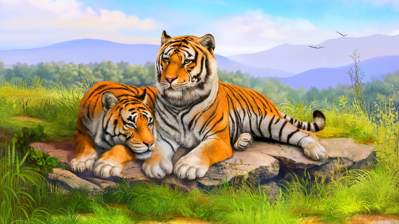 plant, jungle, animal themes, relaxation, animal wildlife, no people, nature, carnivora, artwork, mammal, fantasy tiger, painting, group of animals, feline
