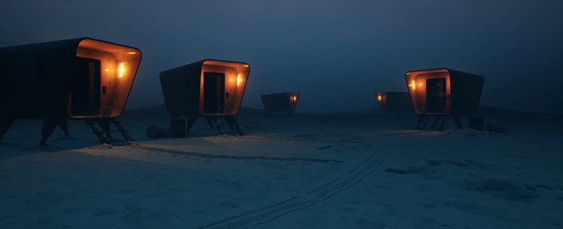 winter, low saturation, snow, blue, artwork, path, 2K, minimalism, barrels, tracks, lights, mist, digital art, outdoors, mobile home, snow covered, landscape