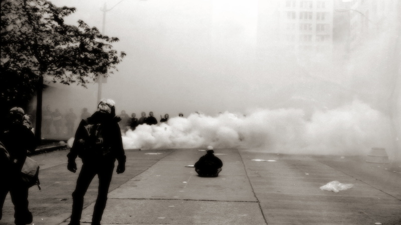 2K, protestors, monochrome, smoke, low saturation, Anarchy, anarchism, gas masks