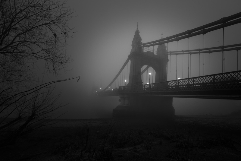 bridge, low saturation, trees, monochrome, traffic lights, dark, photography, 1080P, mud, mist