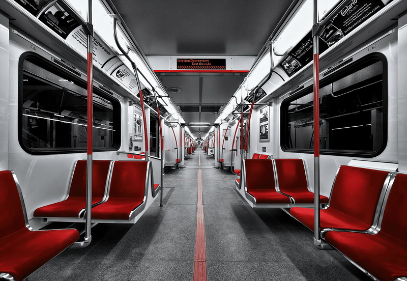 photography, selective coloring, low saturation, subway, red, 2K, Toronto