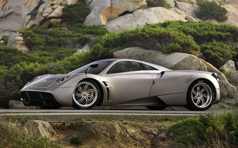 day, land vehicle, car, land, field, Pagani, plant, vehicle, rock - object, silver cars, tree, wheel, super, mode of transportation, gray, motor vehicle