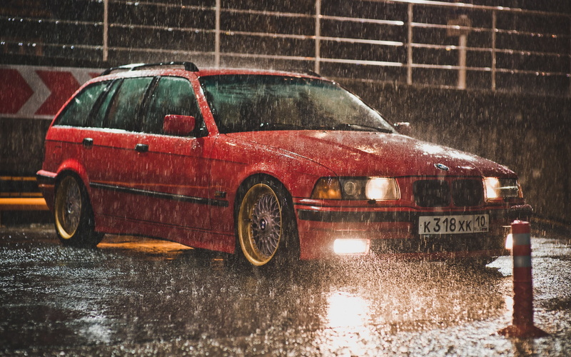 tuning, red, bbs, e36, bmw, 2K, touring, rain