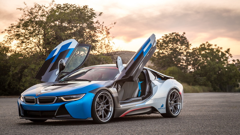 supercar, sport cars, coupe, 4K, asphalt, black, bmw, Vorsteiner VR-E BMW i8, blue, road, white
