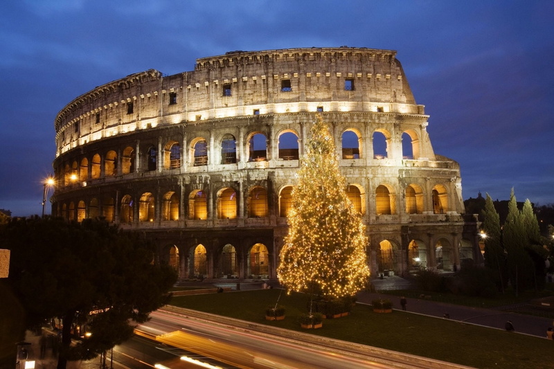 Christmas, Tree, Italy, Colosseum, Ligths, Ruin, 1080P, Monuments
